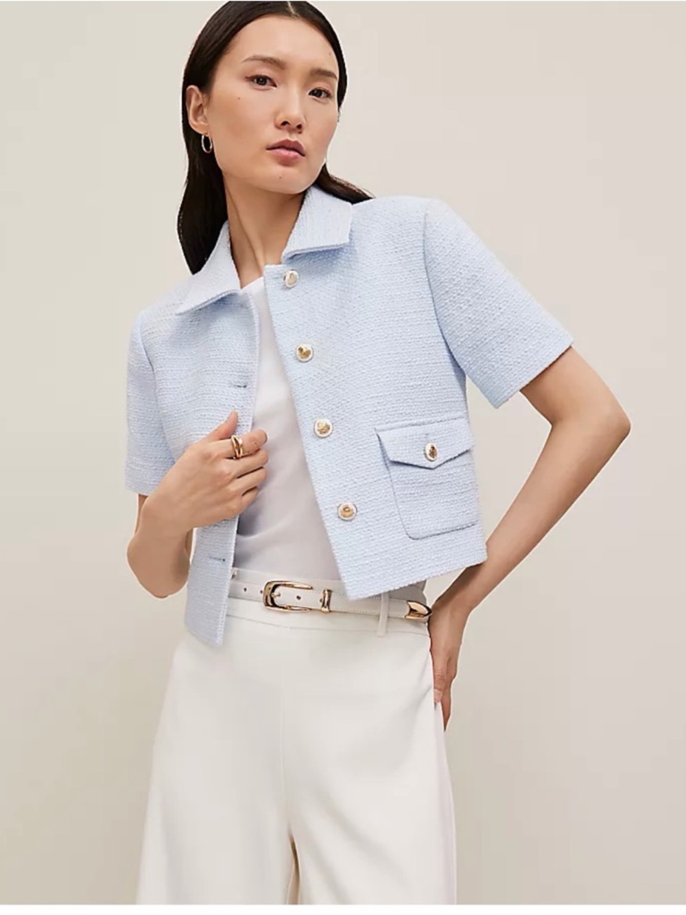 Ann Taylor Light Blue Cropped Tweed Short-Sleeve Jacket